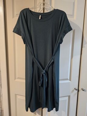 POPYOUNG Hunter Green Tee Dress with Tie At Waist - 3XL